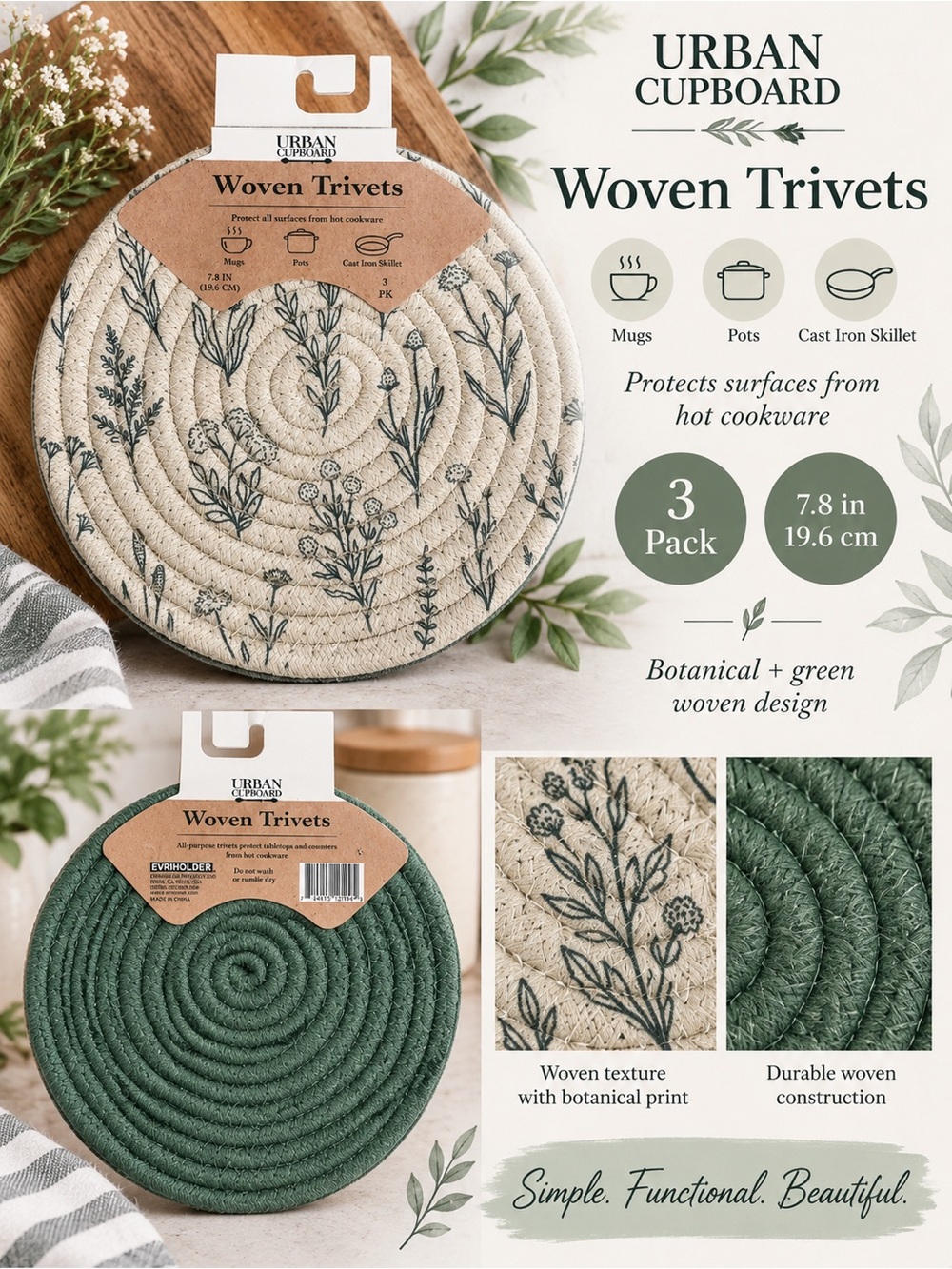 NWT Urban Cupboard Woven Trivets 3 Pack Botanical Floral Green Farmhouse